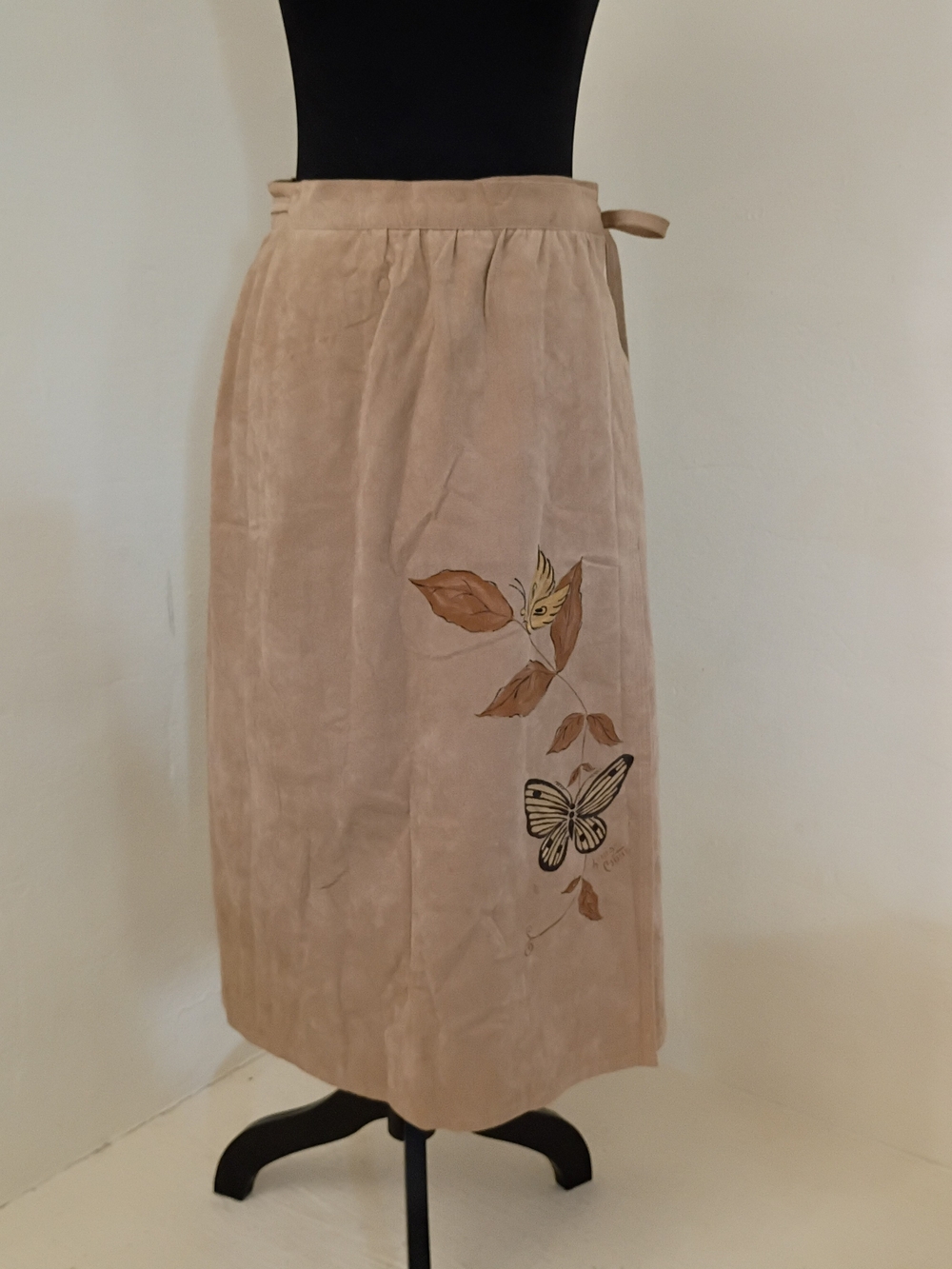 Neutral Beige Midi Wrap Skirt with Hand Painted Butterfly Design